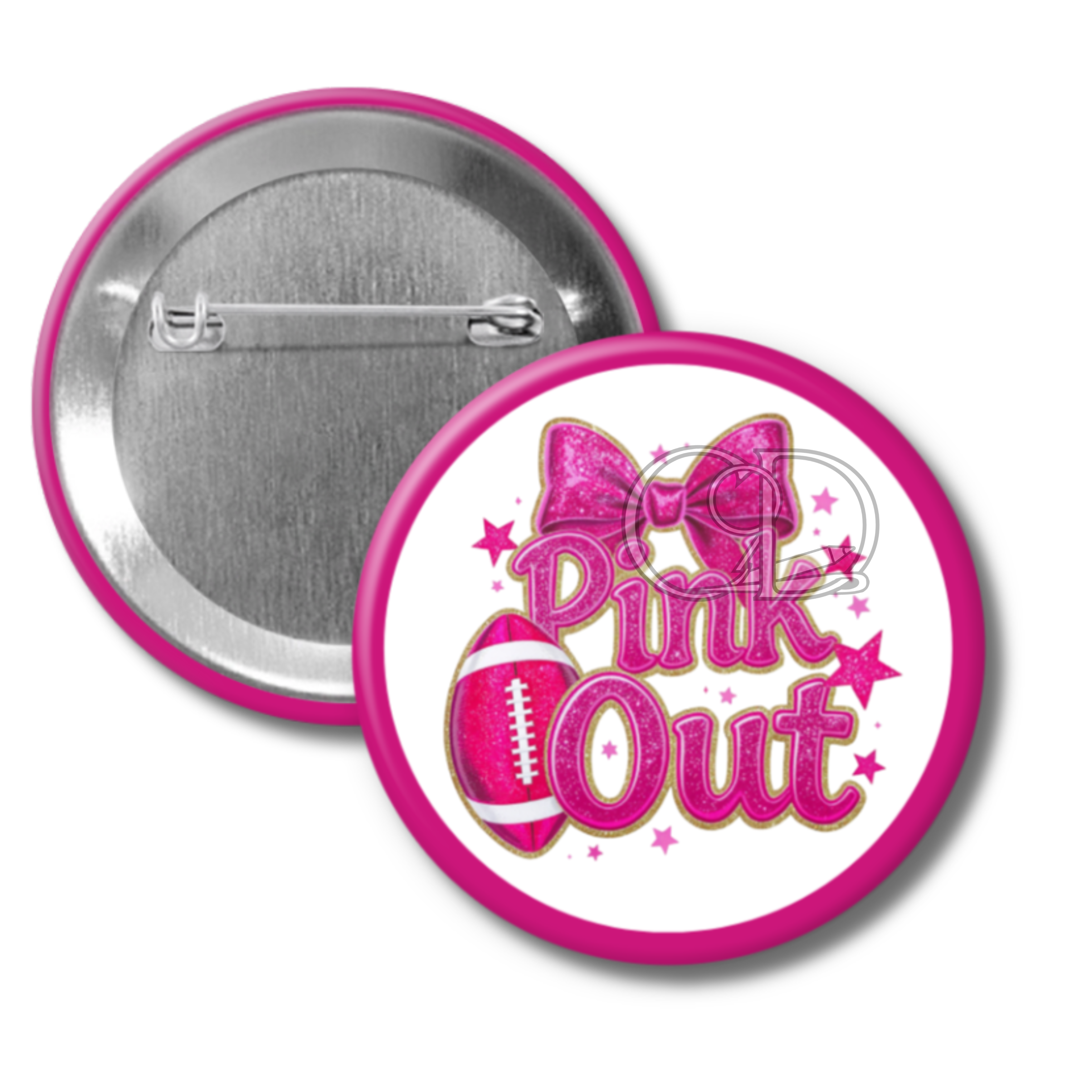 Button badge with 'Pink Out' text and bow design on a white background