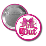 Button badge with 'Pink Out' text and bow design on a white background