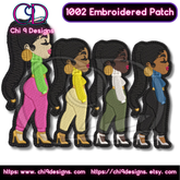 Four customizable embroidered Fashionista patches, Style No. 1002, showcasing different skin tones and outfits.