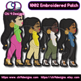 Four customizable embroidered Fashionista patches, Style No. 1002, showcasing different skin tones and outfits.