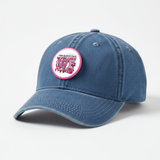 Pink and white button with 'Together We Fight' text and breast cancer awareness ribbon on a jean cap
