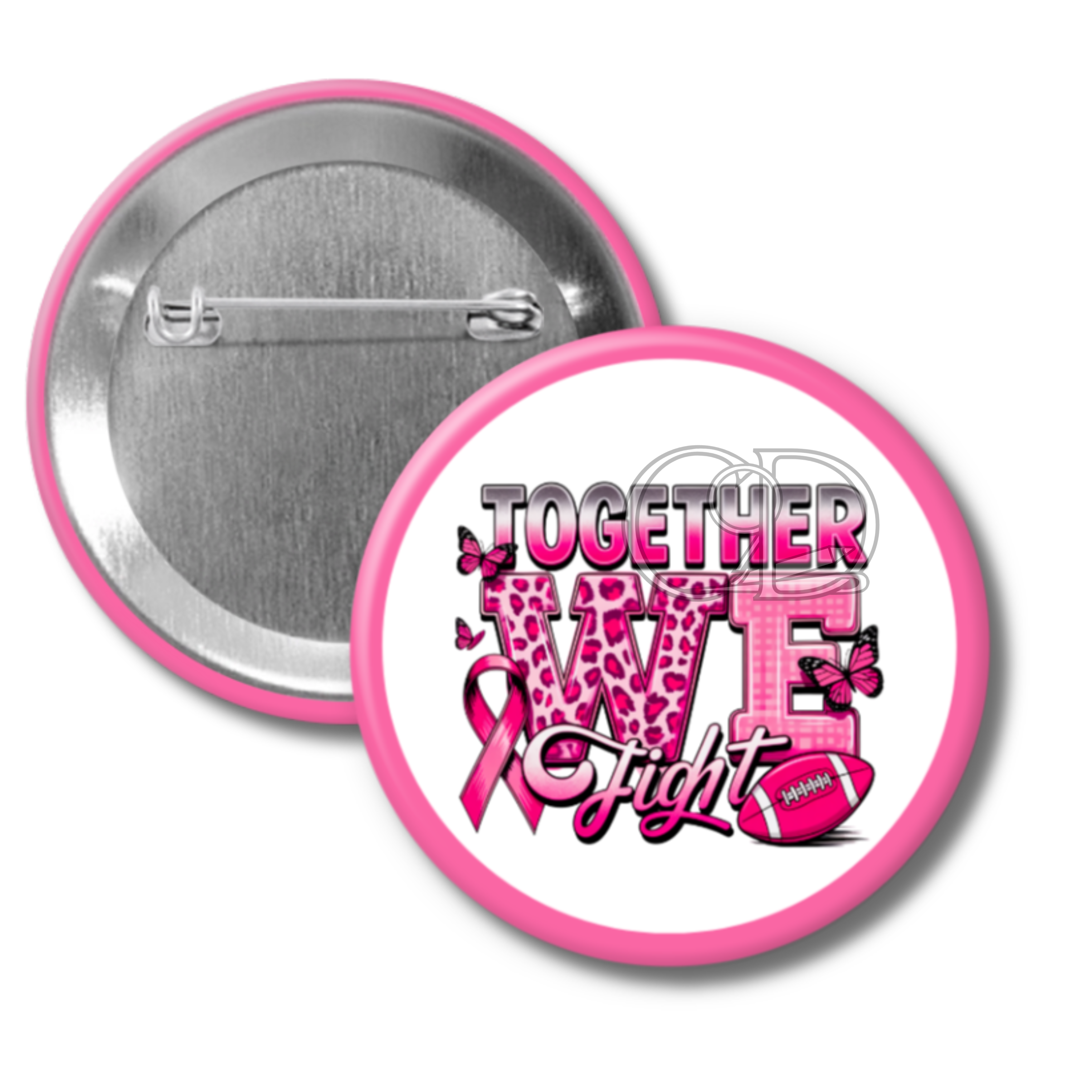 Pink and white button with 'Together We Fight' text and breast cancer awareness ribbon on a white background