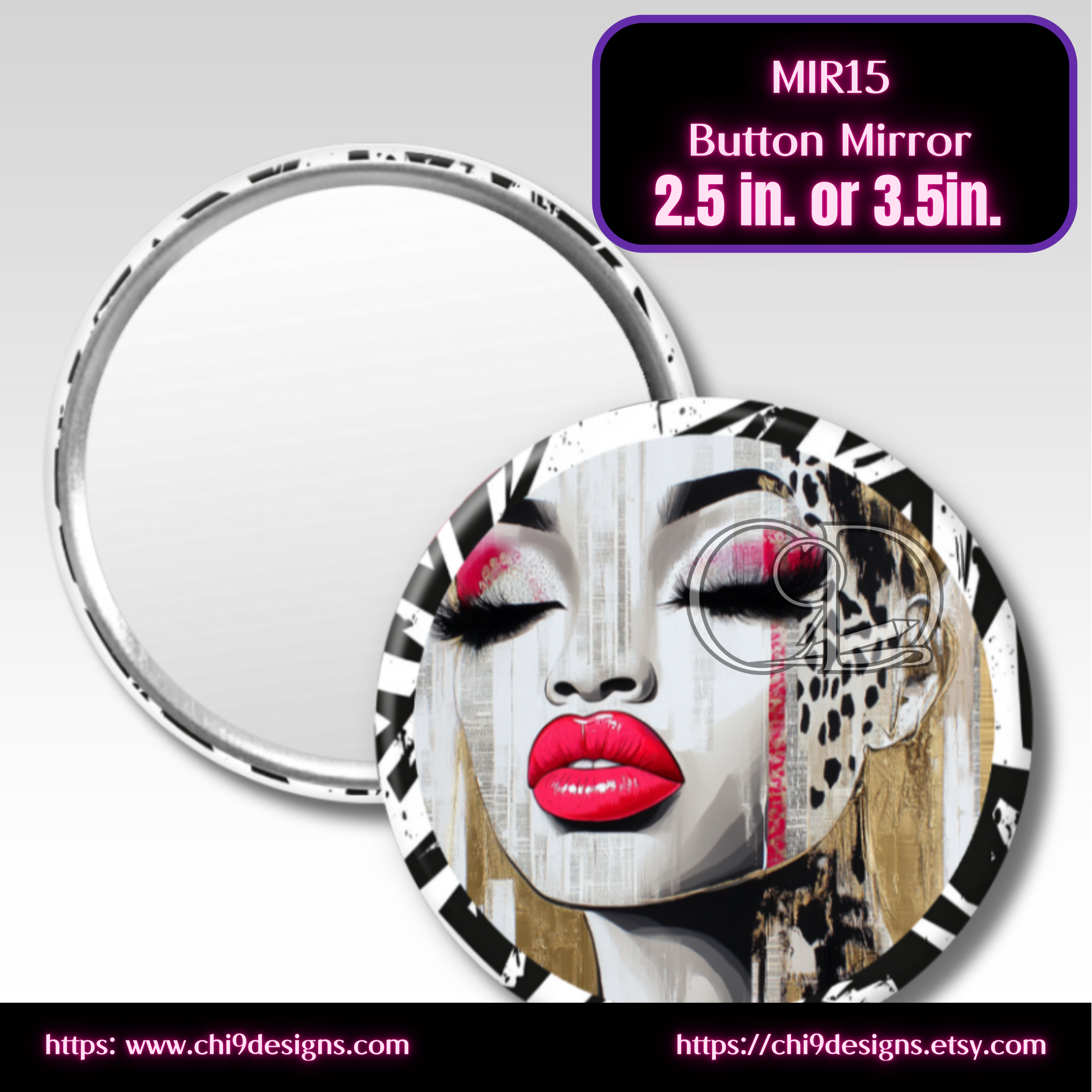 Button mirror with artistic design of a face on a gray background