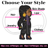 "Diagram highlighting customization options for embroidered Fashionista patch, Style No. 1002, including hair, skin shade, lips, jewelry, and clothing."