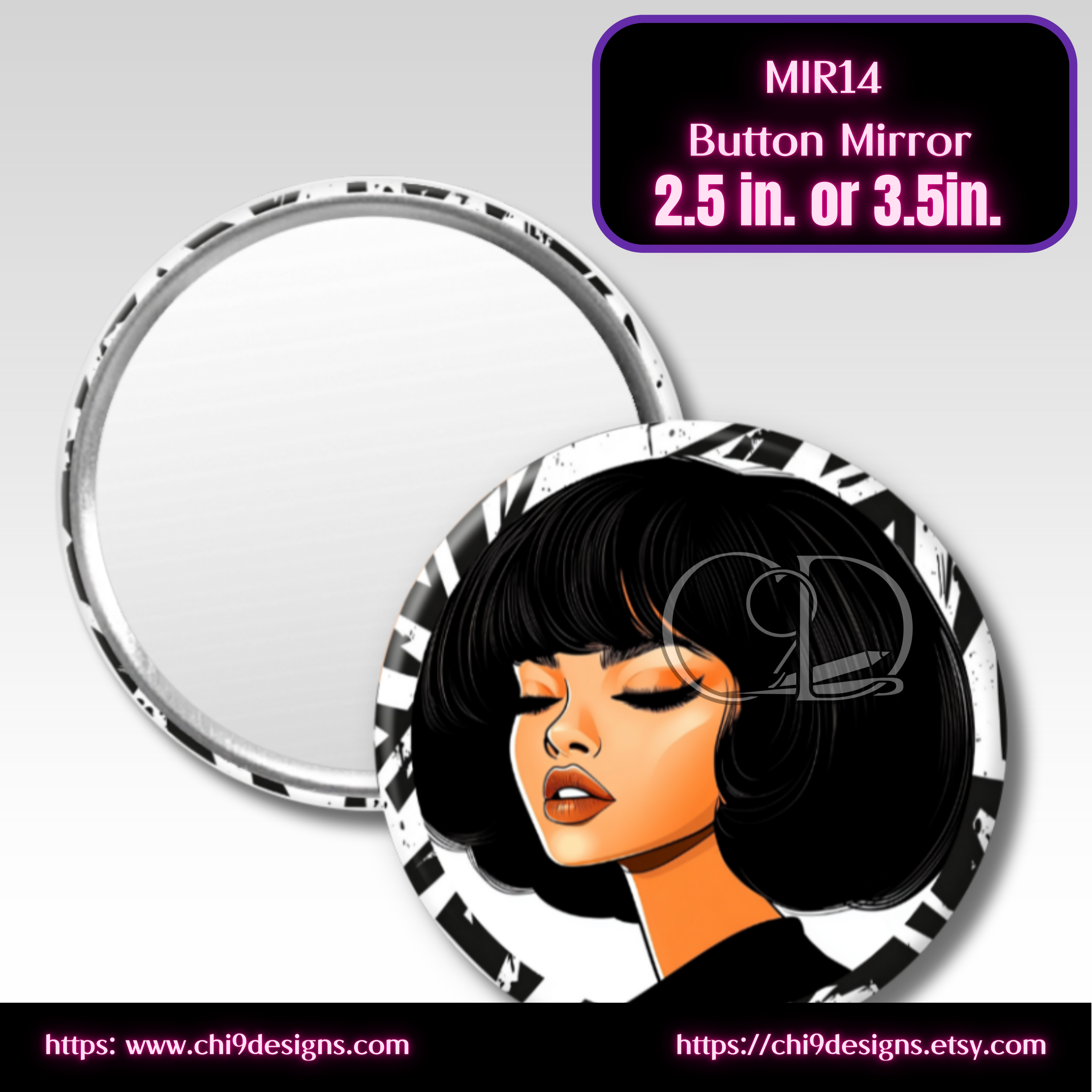 Button mirror with illustration of a woman's face and product details on a gray background