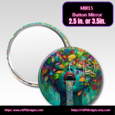 Colorful button mirror with a design of a teapot and floral elements on a white background.