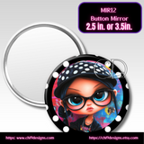 Button mirror with cartoon character design on a gray background