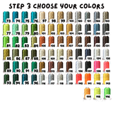 This image displays a wide range of thread colors available for customizing embroidered patches. The colors are numbered and cover a variety of shades, including blues, greens, browns, golds, grays, whites, and vibrant colors like pink, orange, and yellow. The text "Step 3 Choose Your Colors" is shown at the top,