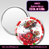 Button mirror with a design of a woman in a red dress and hat, featuring flowers and ribbons, on a white background.