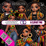 Six digital clipart PNGs featuring stylish Black women in vibrant Kente-inspired outfits, with high-resolution upscaled quality.