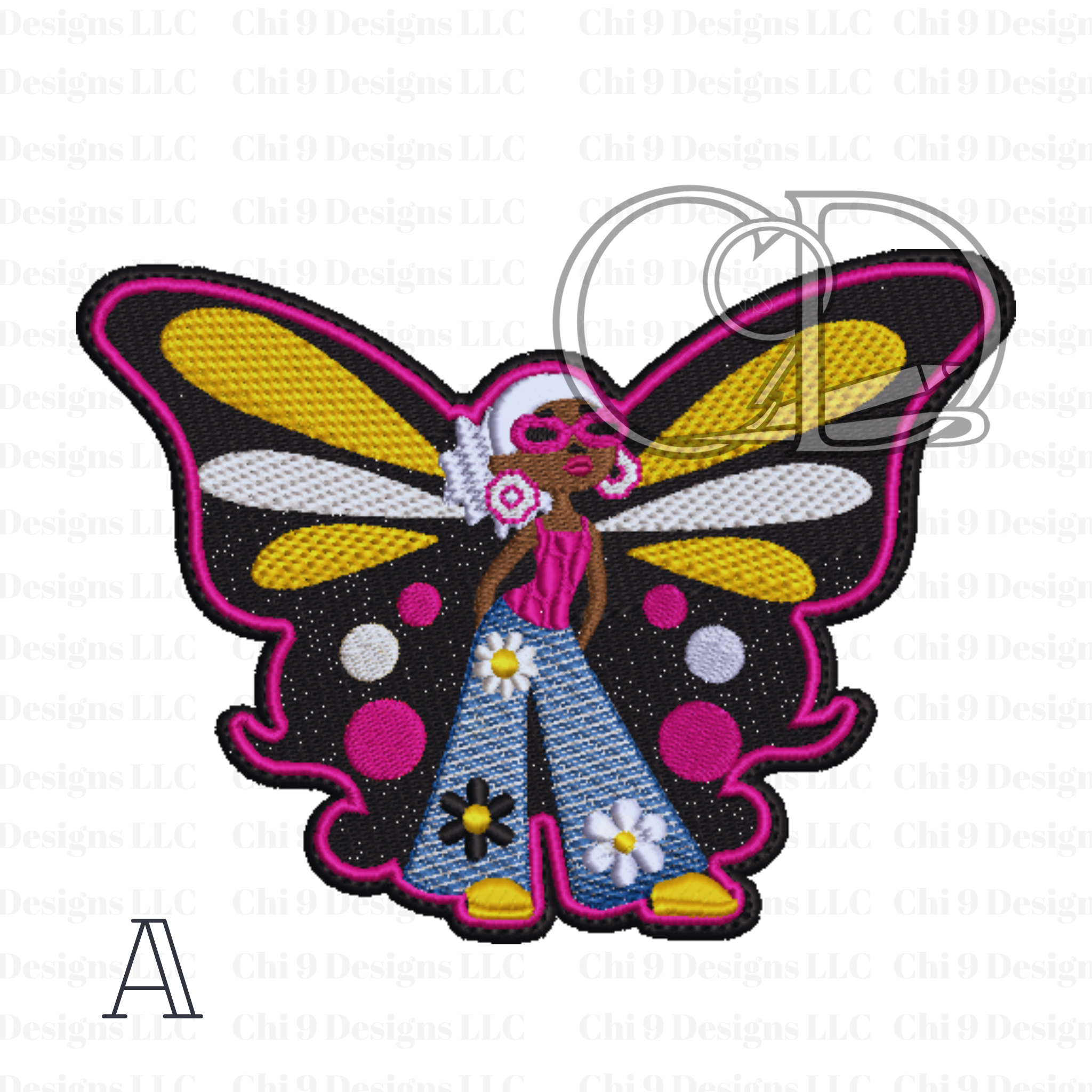 Afrocentric embroidered butterfly girl patch featuring a stylish woman with an afro, pink sunglasses, and yellow-and-black wings with pink accents, wearing blue denim bell bottoms and yellow shoes.”