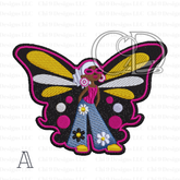 Afrocentric embroidered butterfly girl patch featuring a stylish woman with an afro, pink sunglasses, and yellow-and-black wings with pink accents, wearing blue denim bell bottoms and yellow shoes.”