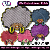 Who Mad embroidered patch with various hair colors and large hoop earrings, featuring vibrant red, pink, blue, and gray afros.