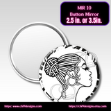 Button mirror with a design of a woman's profile on a white background