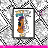 Cartoon character with text 'National What The... Day' on a colorful background with other similar designs.