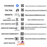1007 Contact information for Chi 9 Designs, including social media and website links, displayed alongside QR codes. 1003