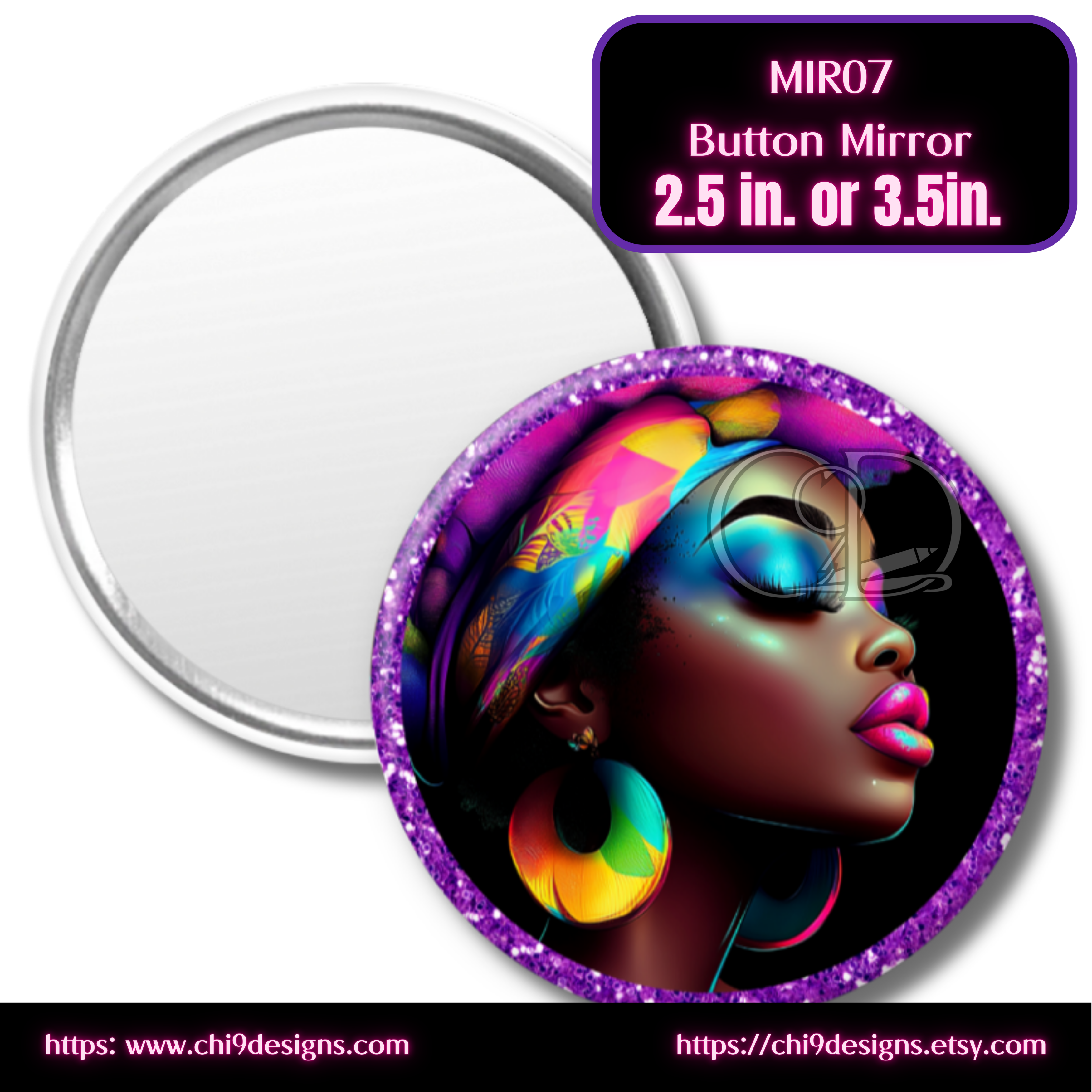 Button mirror with colorful design of a woman's face and text indicating size options and website links.
