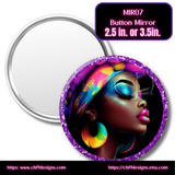 Button mirror with colorful design of a woman's face and text indicating size options and website links.