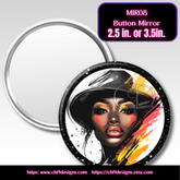 Button mirror with artistic depiction of a woman's face on a white background