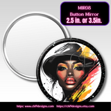 Button mirror with artistic depiction of a woman's face on a white background