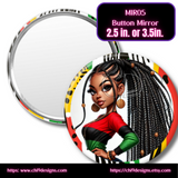 Button mirror with an illustration of a person with braided hair, featuring the brand 'MIRO5'.