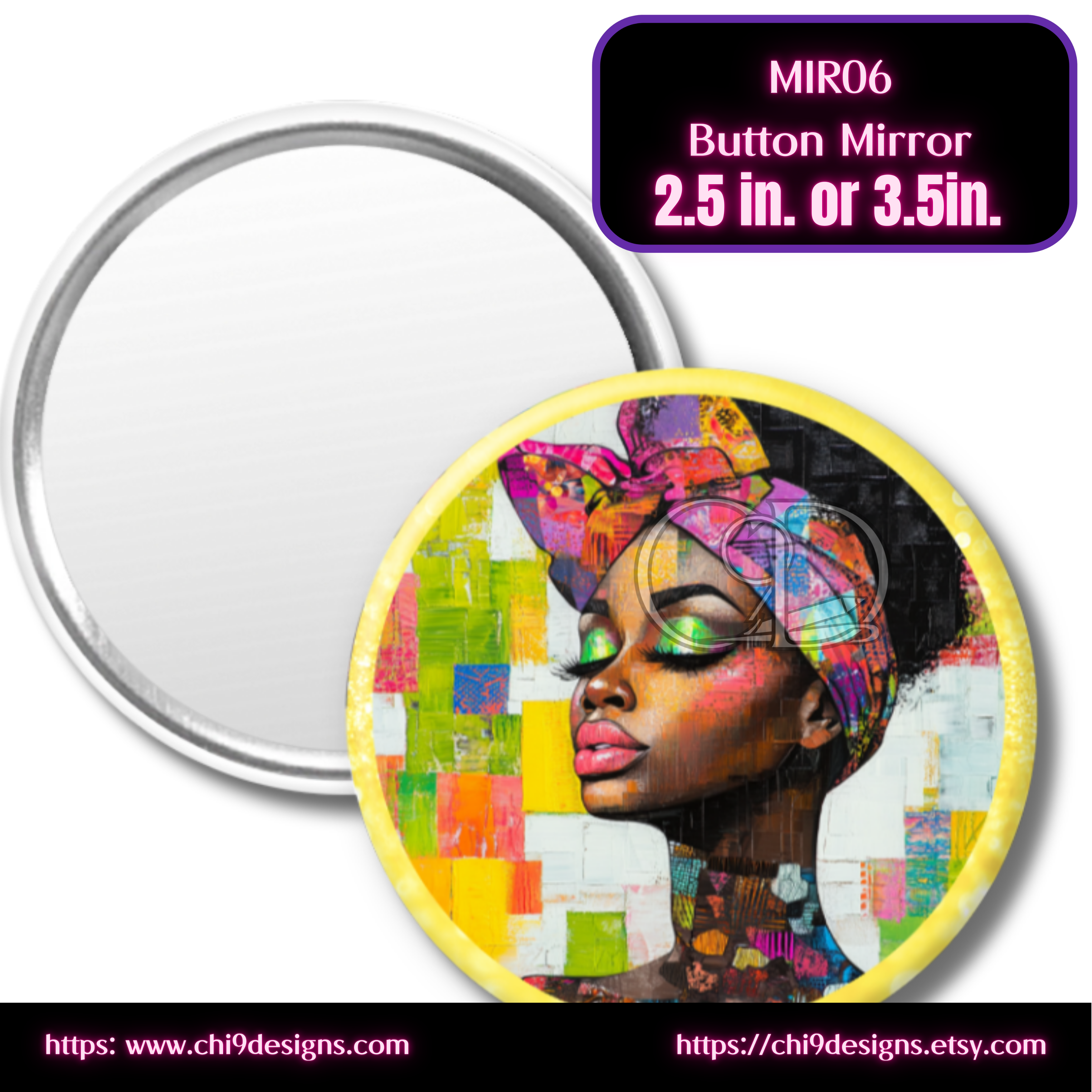 Button mirror with colorful design of a woman's face on a white background