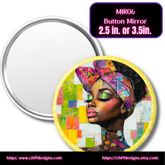 Button mirror with colorful design of a woman's face on a white background