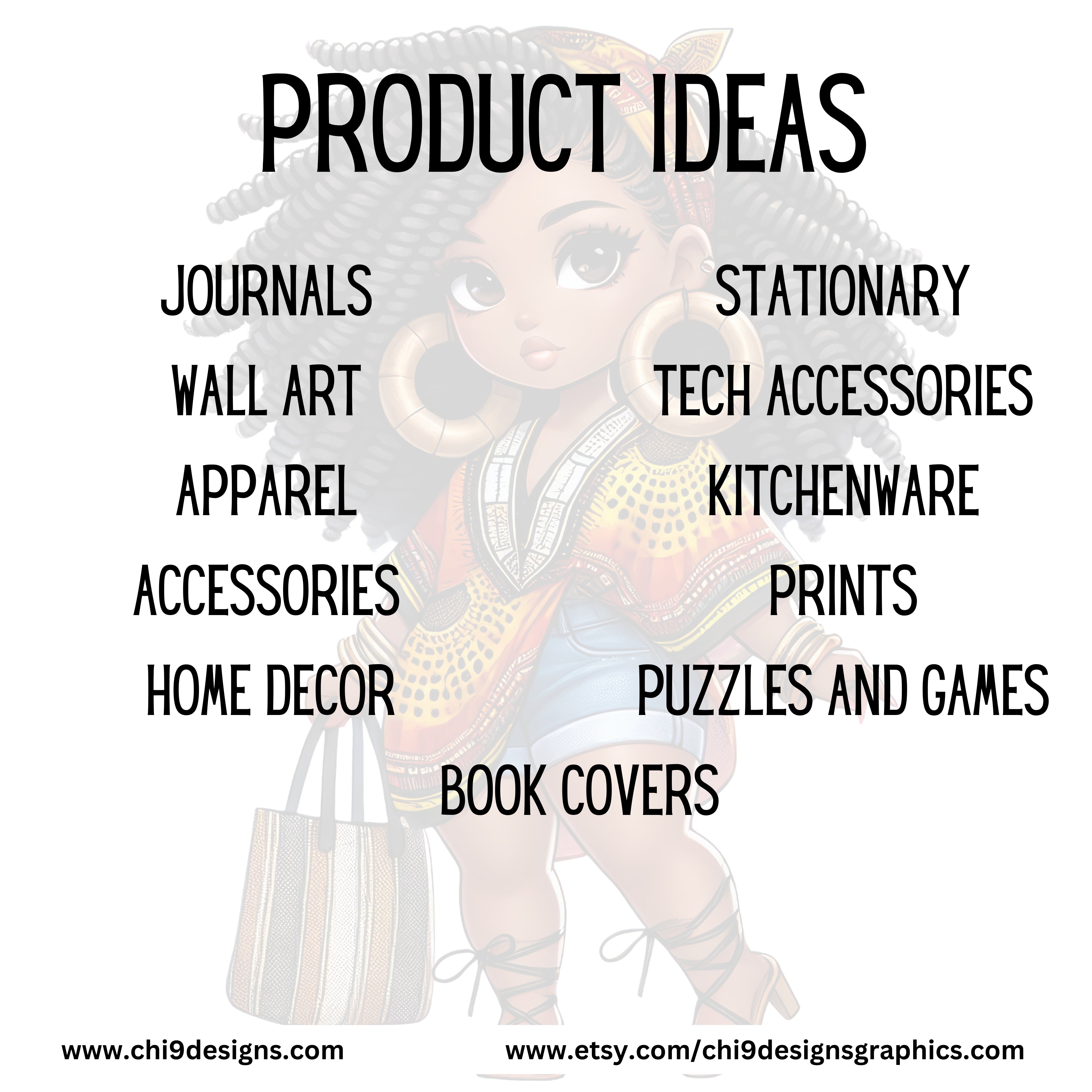Product ideas for using the Chi 9 Designs clipart, including journals, wall art, apparel, home decor, stationery, and more.