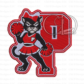 Black panther mascot in a red cheerleader outfit with pom-poms on a white background