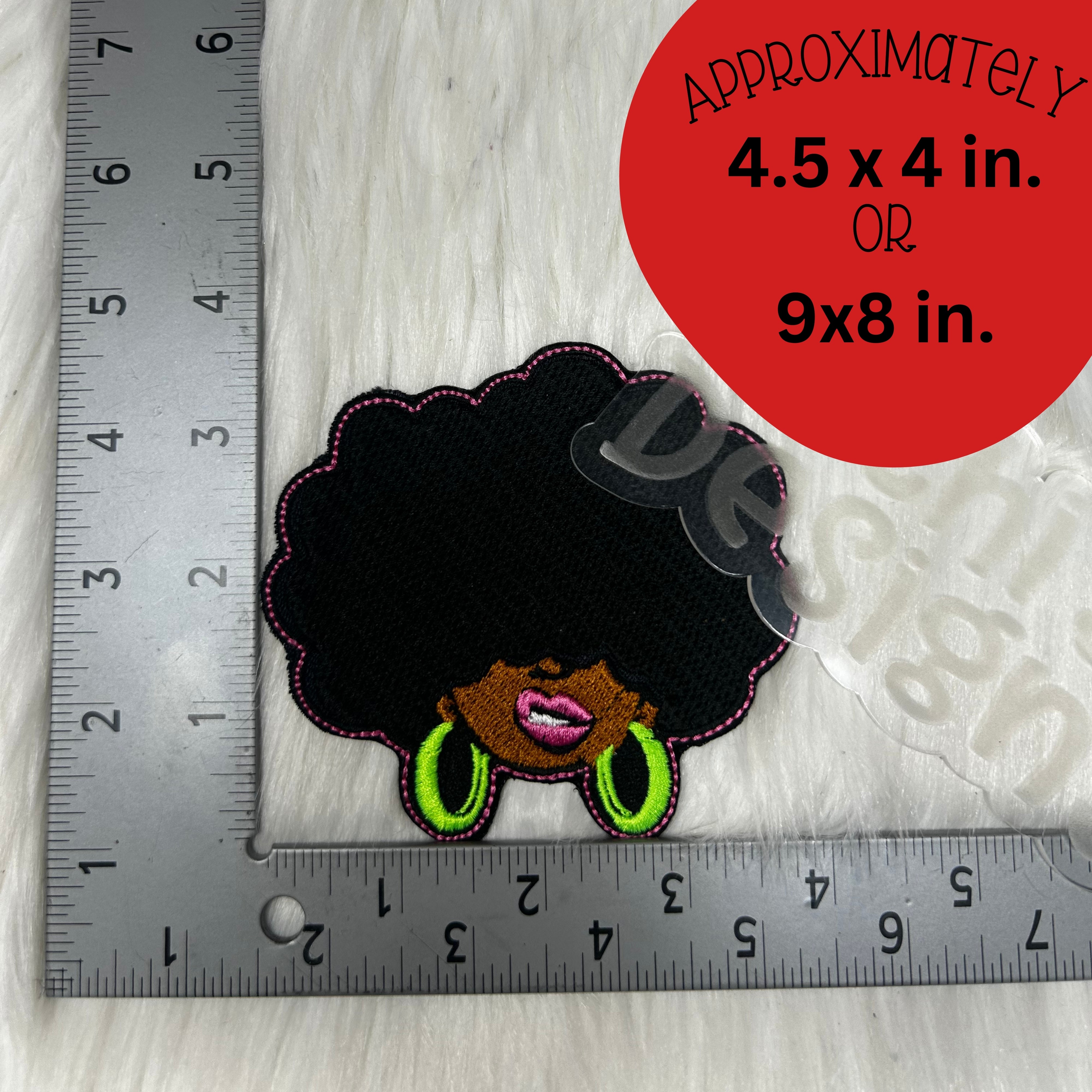 Who Mad patch in black with green earrings, shown next to a ruler to display the approximate size of 4.5x4 inches or 9x8 inches.
