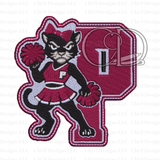 Black panther mascot in a red cheerleader outfit with pom-poms on a white background