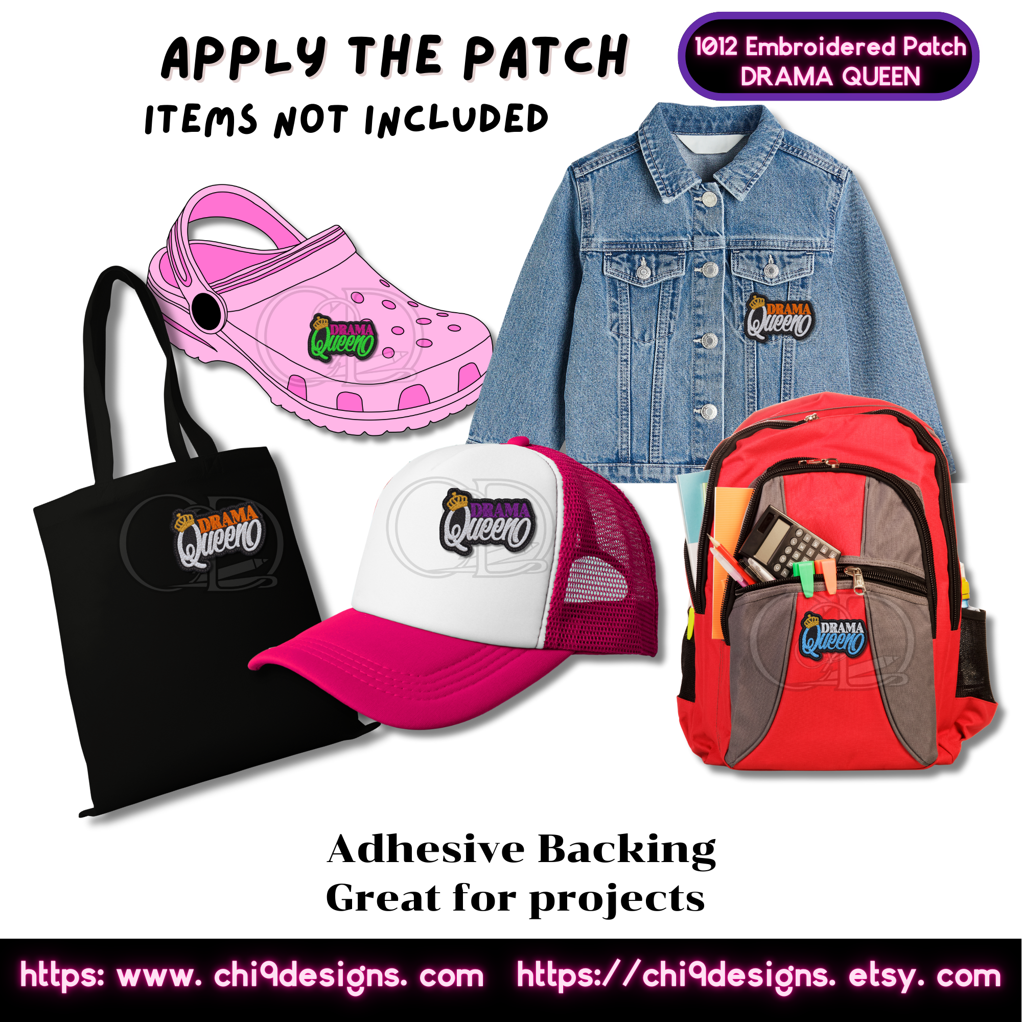 Drama Queen patch displayed on various items like bags, hats, shoes, and jackets.