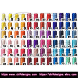 Thread color chart with a wide variety of color options for customizing the Who Mad patch, including pink, red, blue, and purple shades.