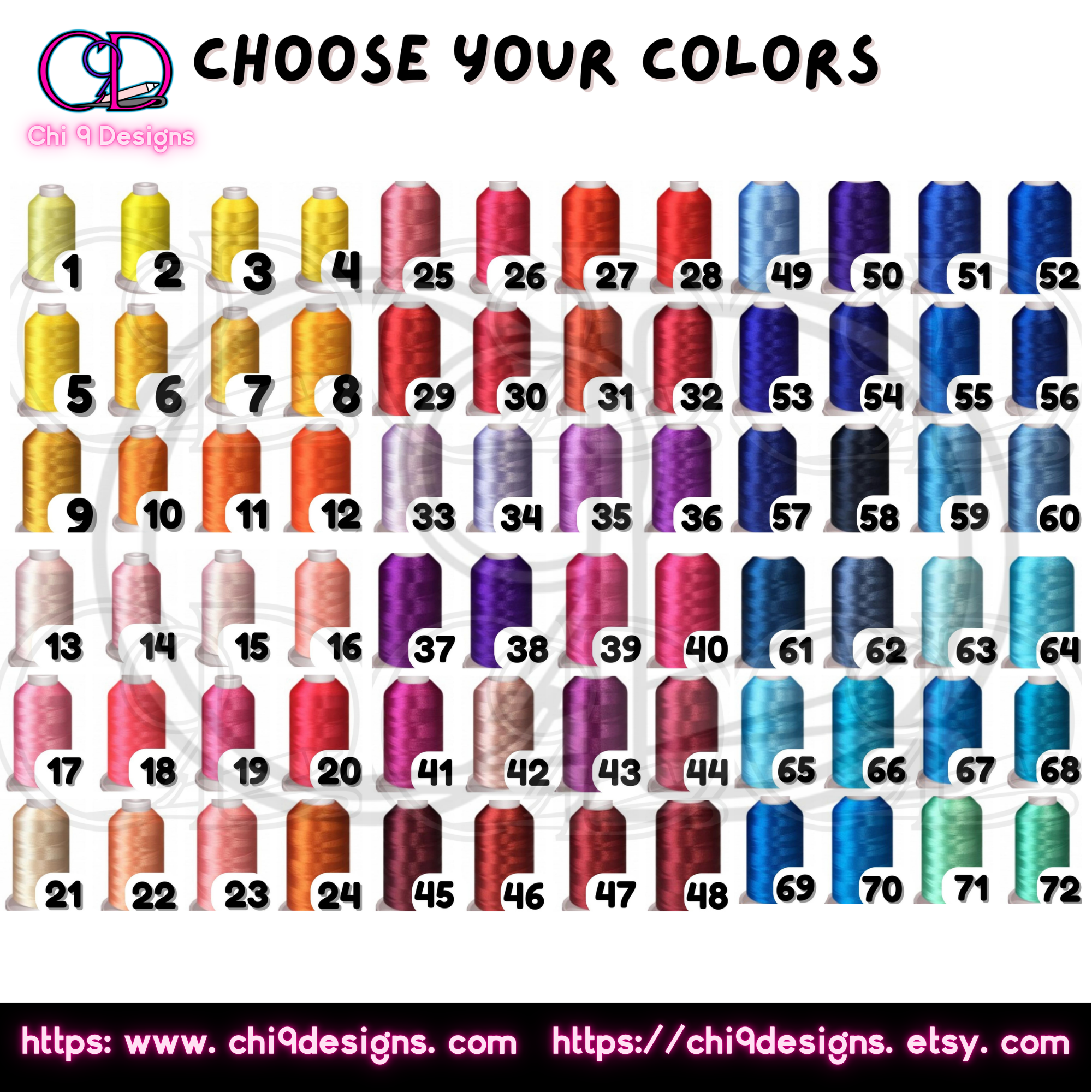 Thread color chart showing over 100 options to customize the Drama Queen patch.