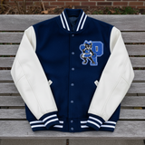 Embroidered patch of a panther mascot with a cheerleader outfit on a blue background with a large letter 'P' on a varsity jacket