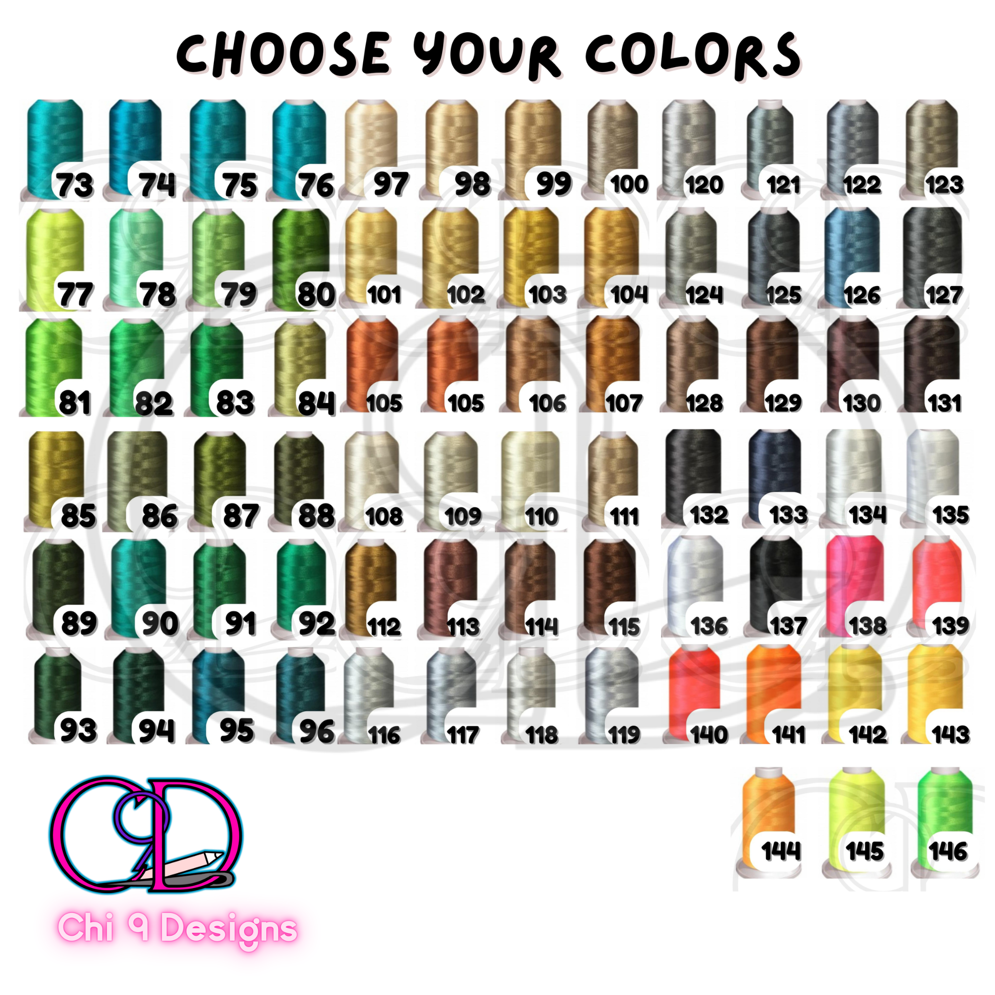 Thread color chart showing over 100 options to customize the Drama Queen patch.