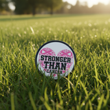 Pinback button with 'Stronger Than Cancer' design featuring a pink ribbon on a white background.