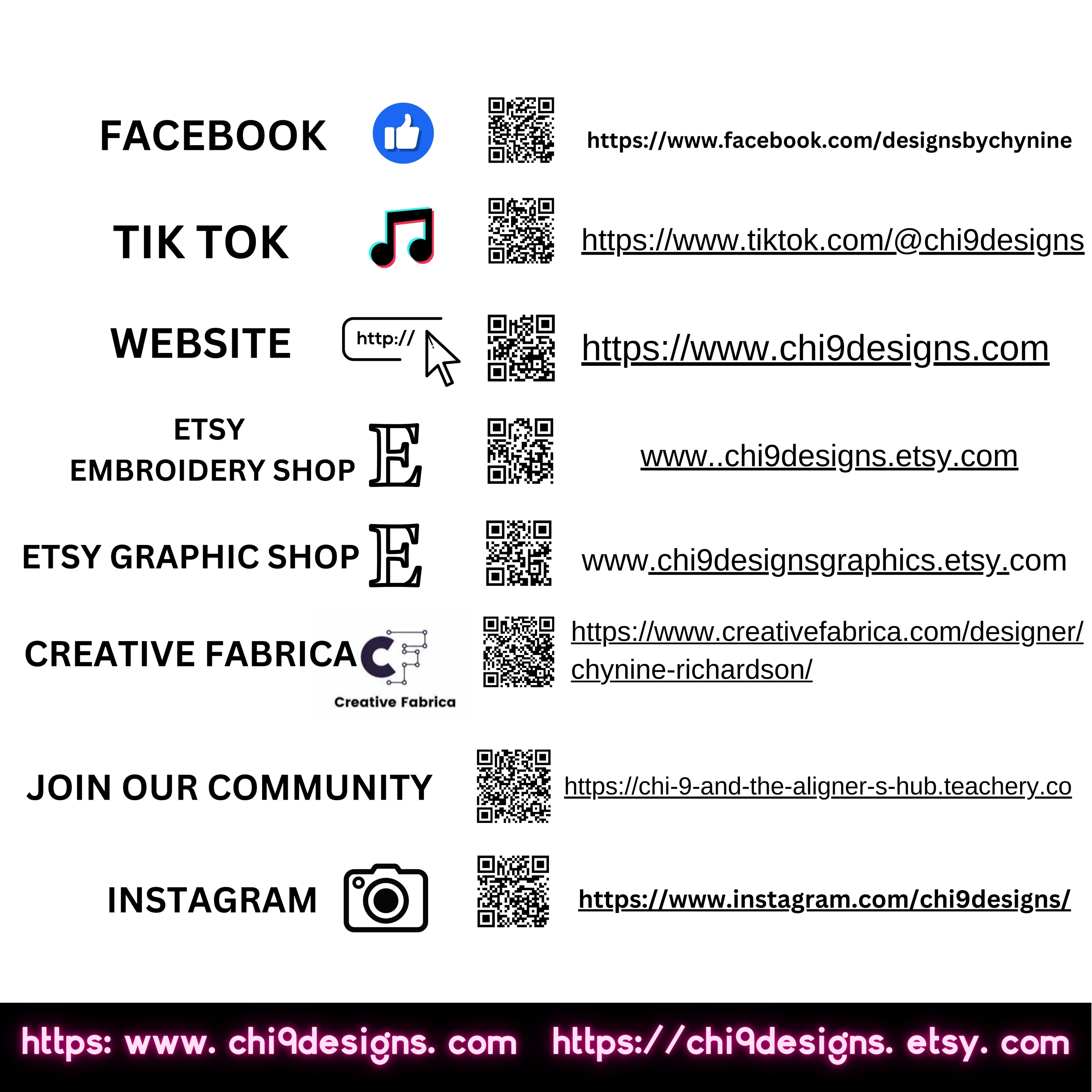 Social media and website links for Chi 9 Designs including QR codes for Facebook, TikTok, Etsy shops, Creative Fabrica, and Instagram.
