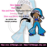 Blue and silver version of the 2024 Holiday Diva patch with customization options for skin, hair, hat, pants, and more.