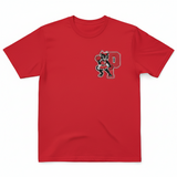 Embroidered patch of a black panther cheerleader with red pom-poms and a letter 'P' on a red shirt