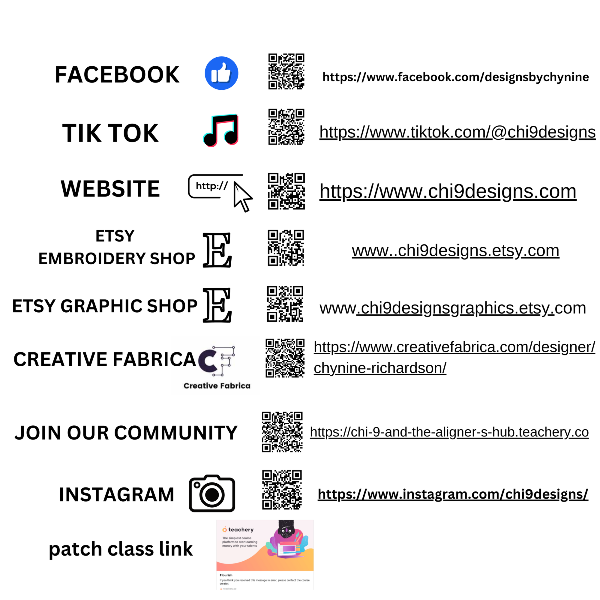 Social media and online shop links for Chi 9 Designs with QR codes for easy access.