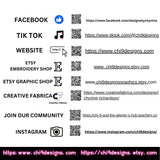 Social media and website links for Chi 9 Designs, including Facebook, TikTok, Etsy shops, Creative Fabrica, and Instagram with QR codes.