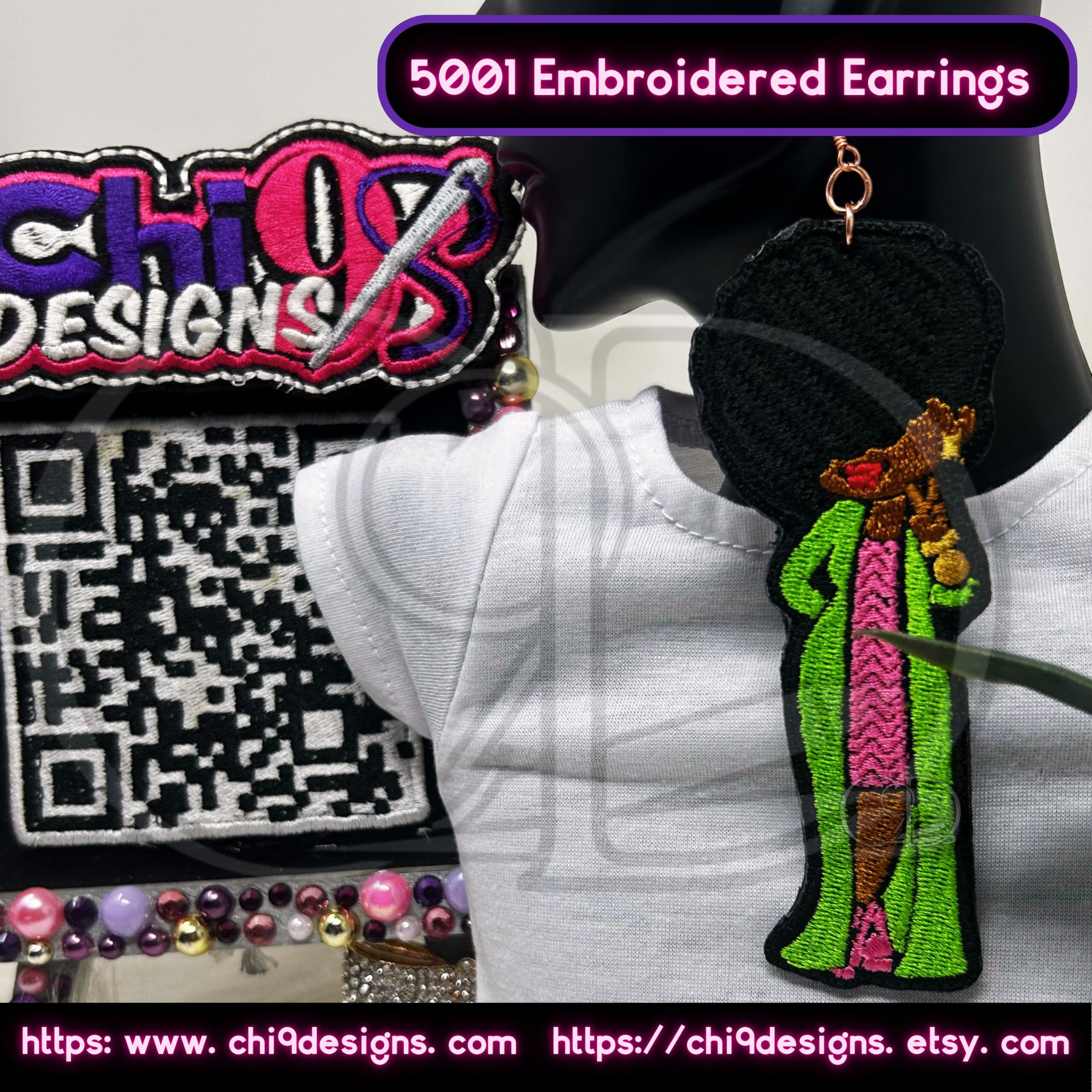 Afro Diva embroidered earring worn on a mannequin, showcasing the detailed design with Chi 9 Designs branding in the background.