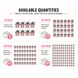 An informational graphic titled 'AVAILABLE QUANTITIES' showing four pack sizes: 12 pack, 25 pack, 50 pack, and 100 pack. Each pack size has a small box icon and rows of tiny house illustrations on a white background with black text.
