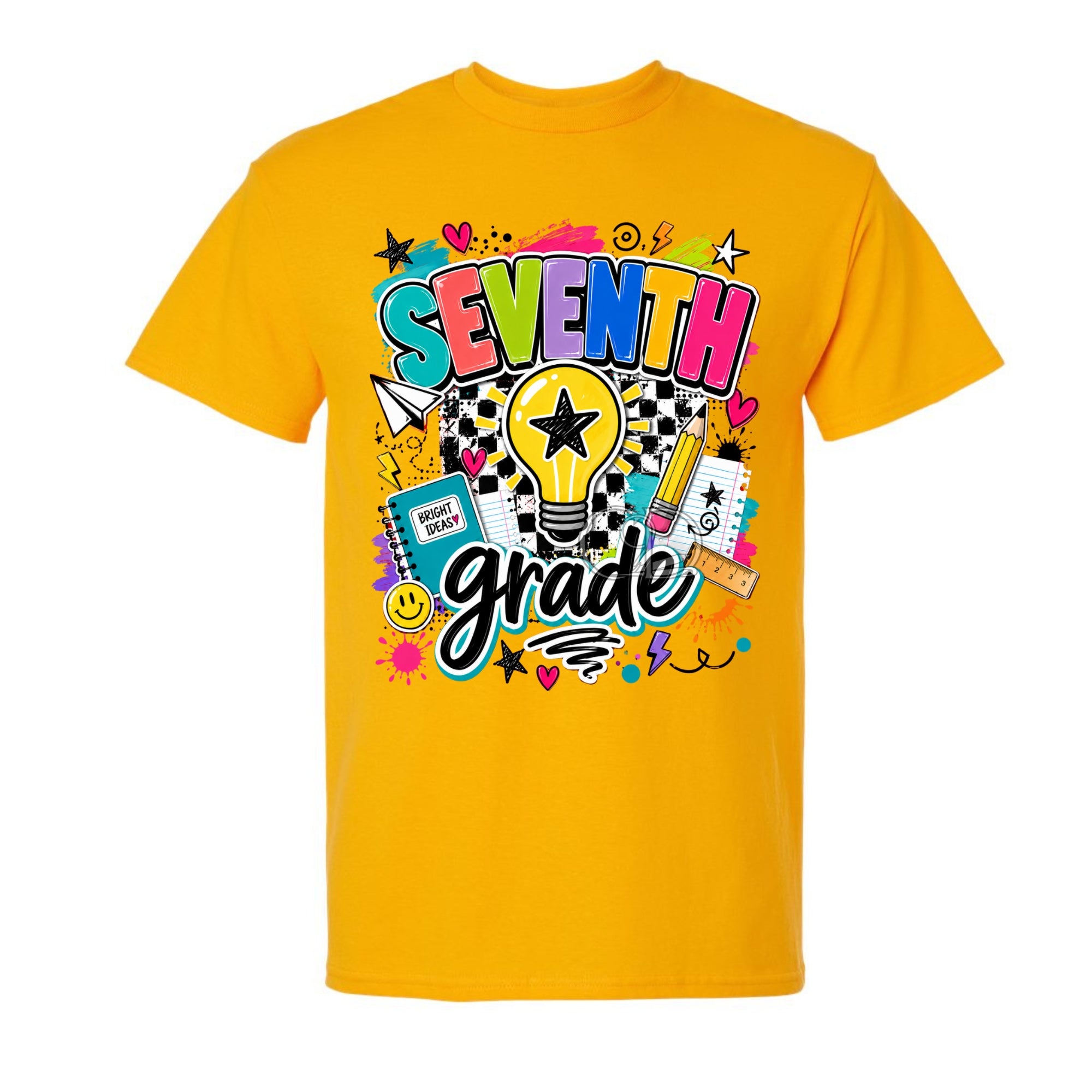 A gold short-sleeve t-shirt with a colorful 'SEVENTH grade' graphic on the front, featuring doodles of a lightbulb, stars, hearts, and school supplies, shown against a plain white background.