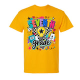 A gold short-sleeve t-shirt with a colorful 'SEVENTH grade' graphic on the front, featuring doodles of a lightbulb, stars, hearts, and school supplies, shown against a plain white background.