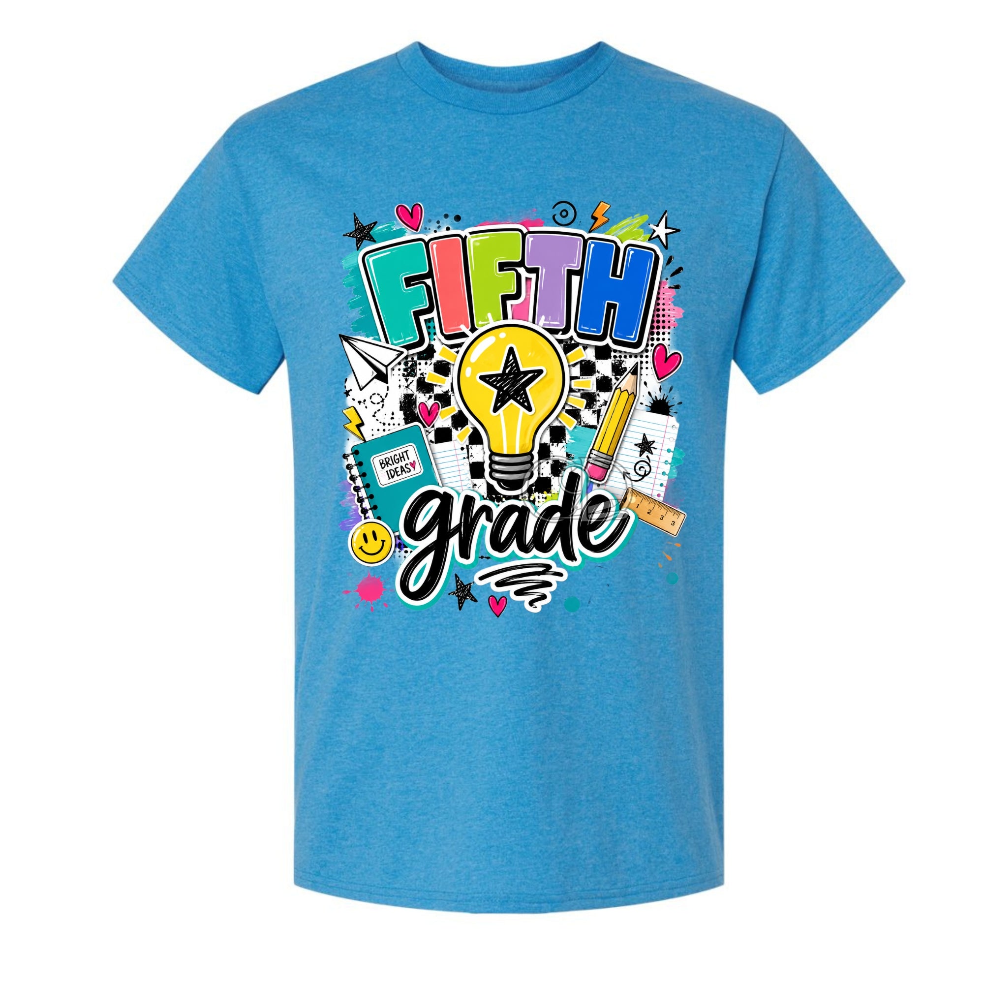 A heather blue short-sleeve t-shirt with a colorful 'Fifth Grade' graphic on the front, featuring school-themed doodles like a lightbulb, pencil, and notebook, set against a plain white background.