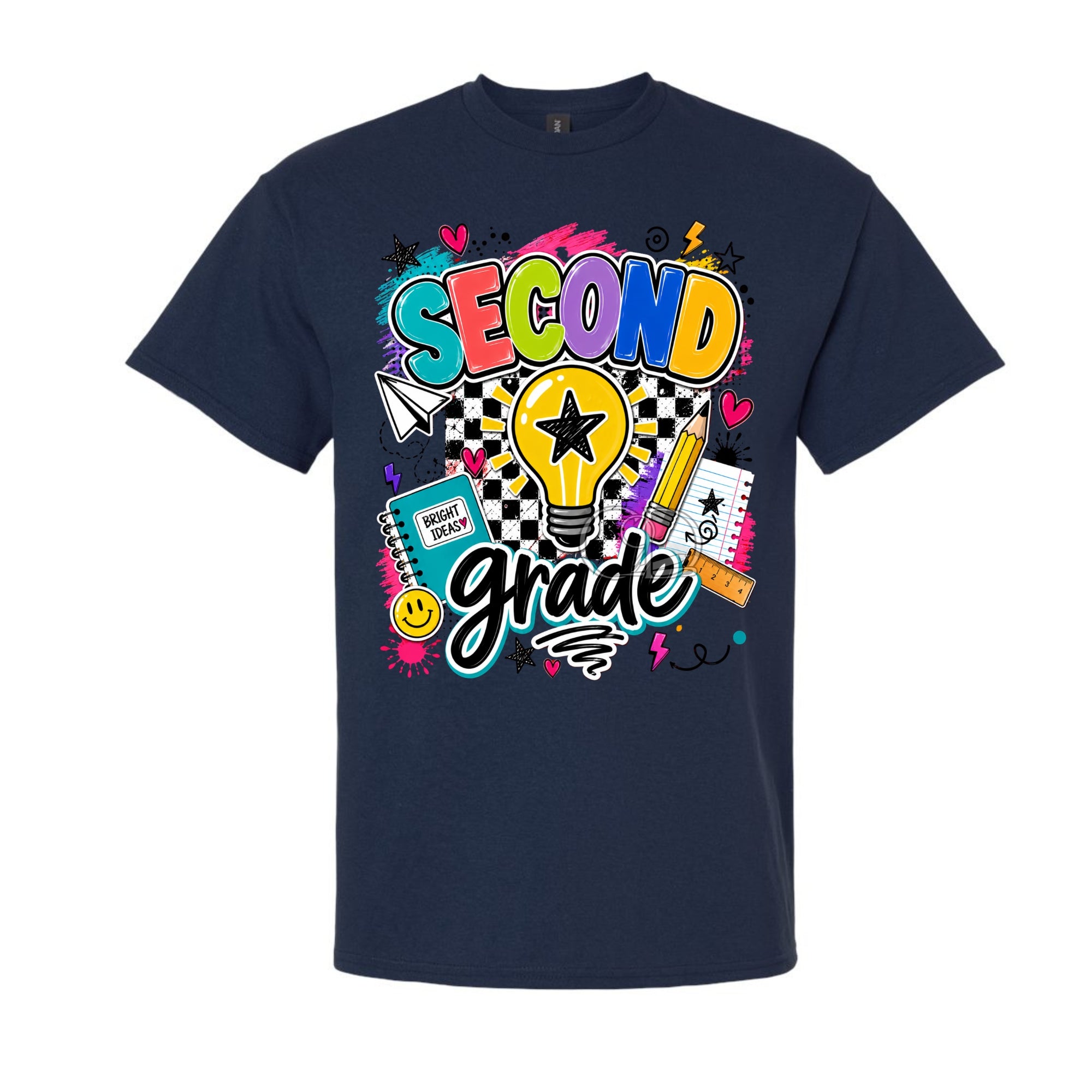 A navy blue short-sleeve t-shirt with a colorful graphic on the front that reads 'SECOND grade' in playful multicolor lettering, surrounded by school-themed doodles like a lightbulb, notebook, pencil, and stars.