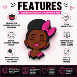 A promotional infographic for a 3D printable badge reel cover featuring a cartoon illustration of a Black woman with closed eyes, dark skin, and a bright pink bow. The graphic has a white background with black and pink text detailing the features of the 3D printed cover, including multicolor printing, raised details, and compatibility with Bambu Studio.