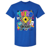A royal blue short-sleeve t-shirt with a colorful 'Third Grade' graphic on the front, featuring a lightbulb, stars, hearts, and school icons, shown against a plain white background.